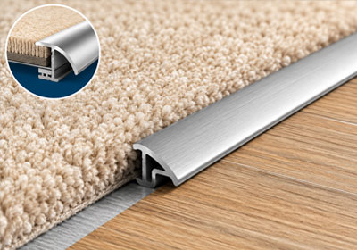Carpet cover profile fitted between carpet and laminate flooring