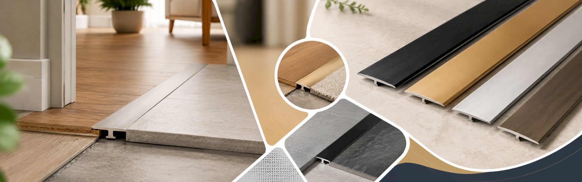 Modern flat bar transition trims creating smooth flooring edges in a doorway interior